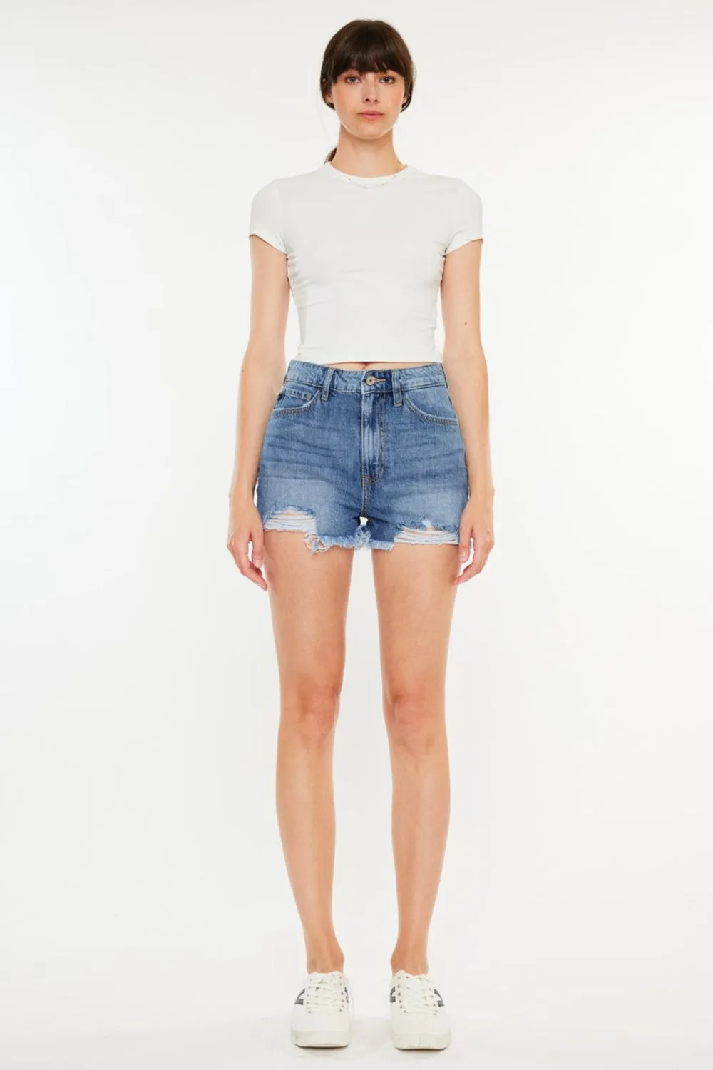 Sophie Distressed Raw Hem High-Waist Denim Shorts | Kancan