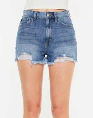 Sophie Distressed Raw Hem High-Waist Denim Shorts | Kancan