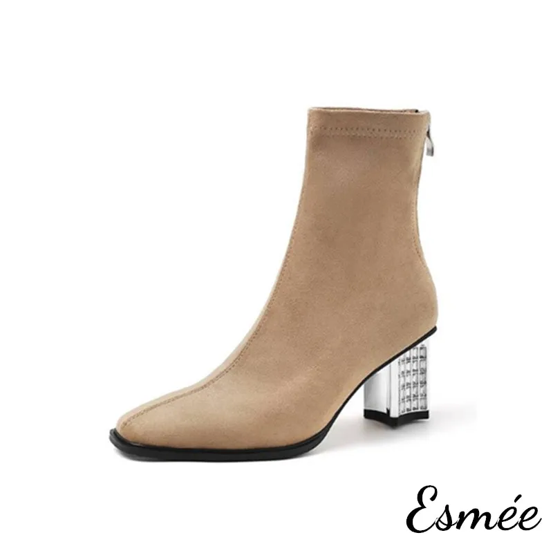 Suede Ankle Boots with Rhinestone Heels