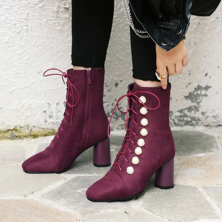 Suede Beads Round Toe Lace Up Middle Chunky Heels Short Boots
