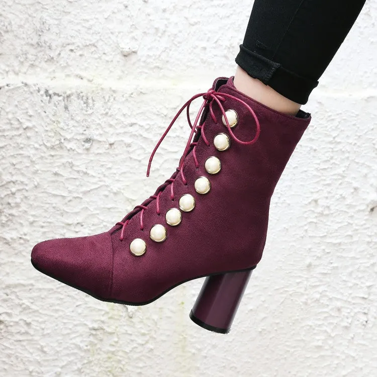 Suede Beads Round Toe Lace Up Middle Chunky Heels Short Boots