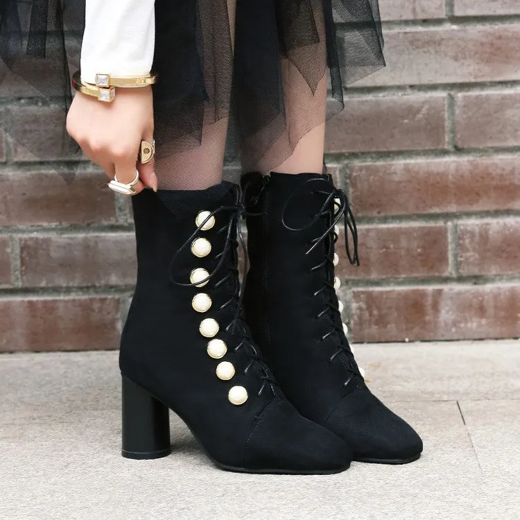 Suede Beads Round Toe Lace Up Middle Chunky Heels Short Boots