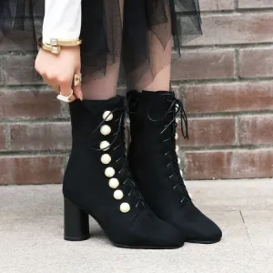 Suede Beads Round Toe Lace Up Middle Chunky Heels Short Boots