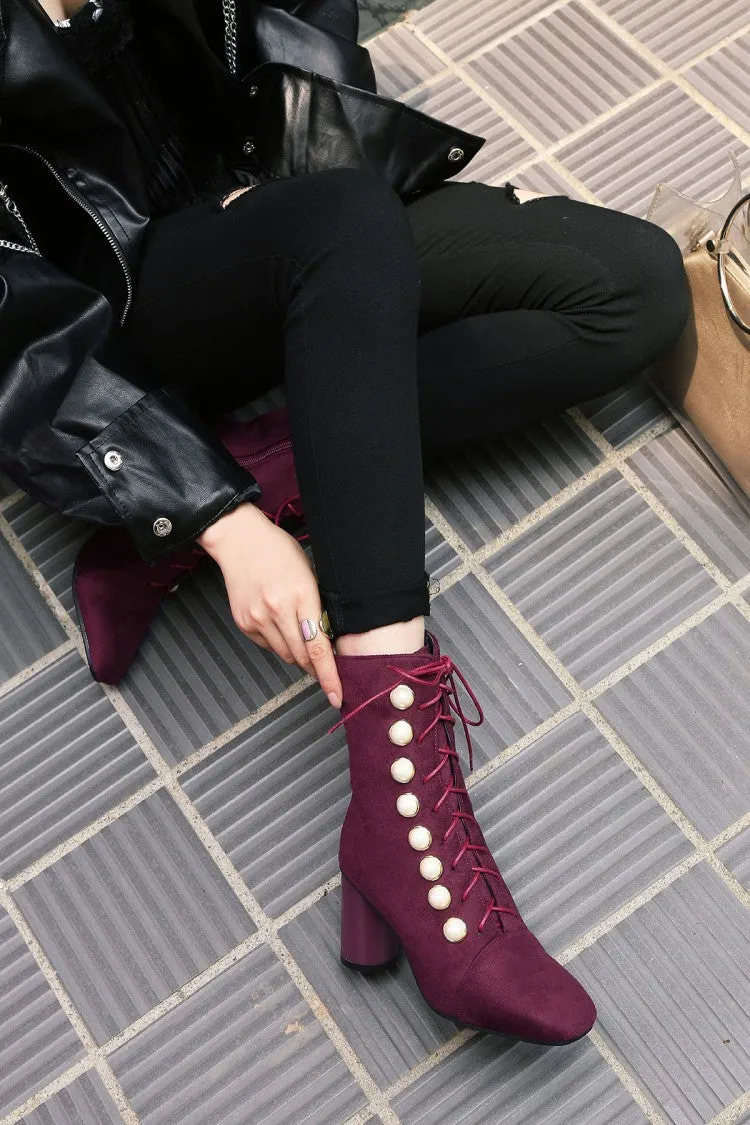 Suede Beads Round Toe Lace Up Middle Chunky Heels Short Boots