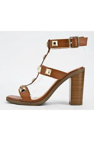 The Lisa Heels: Tan Gold Embellished Open Toe Sandal