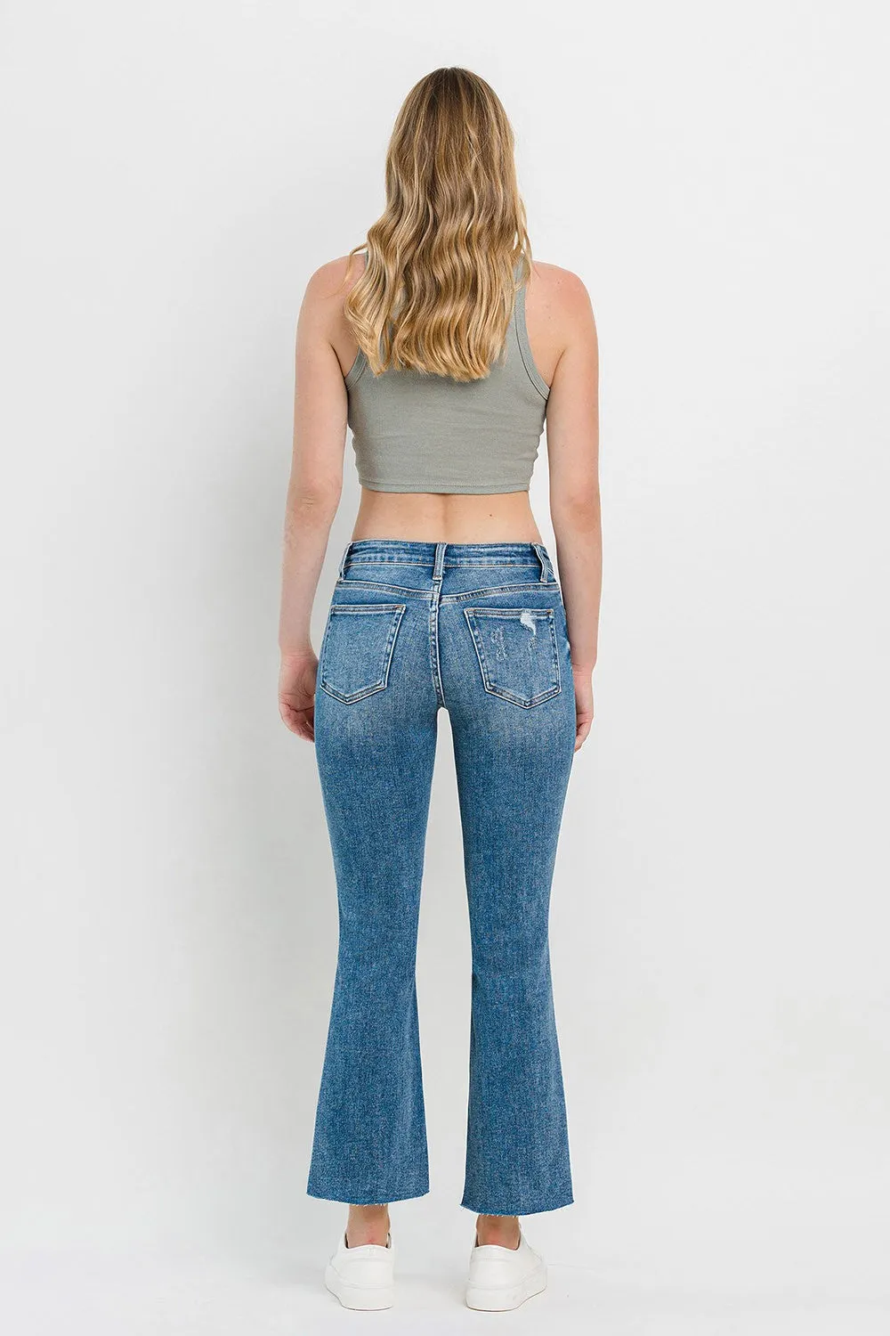 Vervet by Flying Monkey Mid Rise Distressed Cropped Flared Leg Blue Denim Jeans