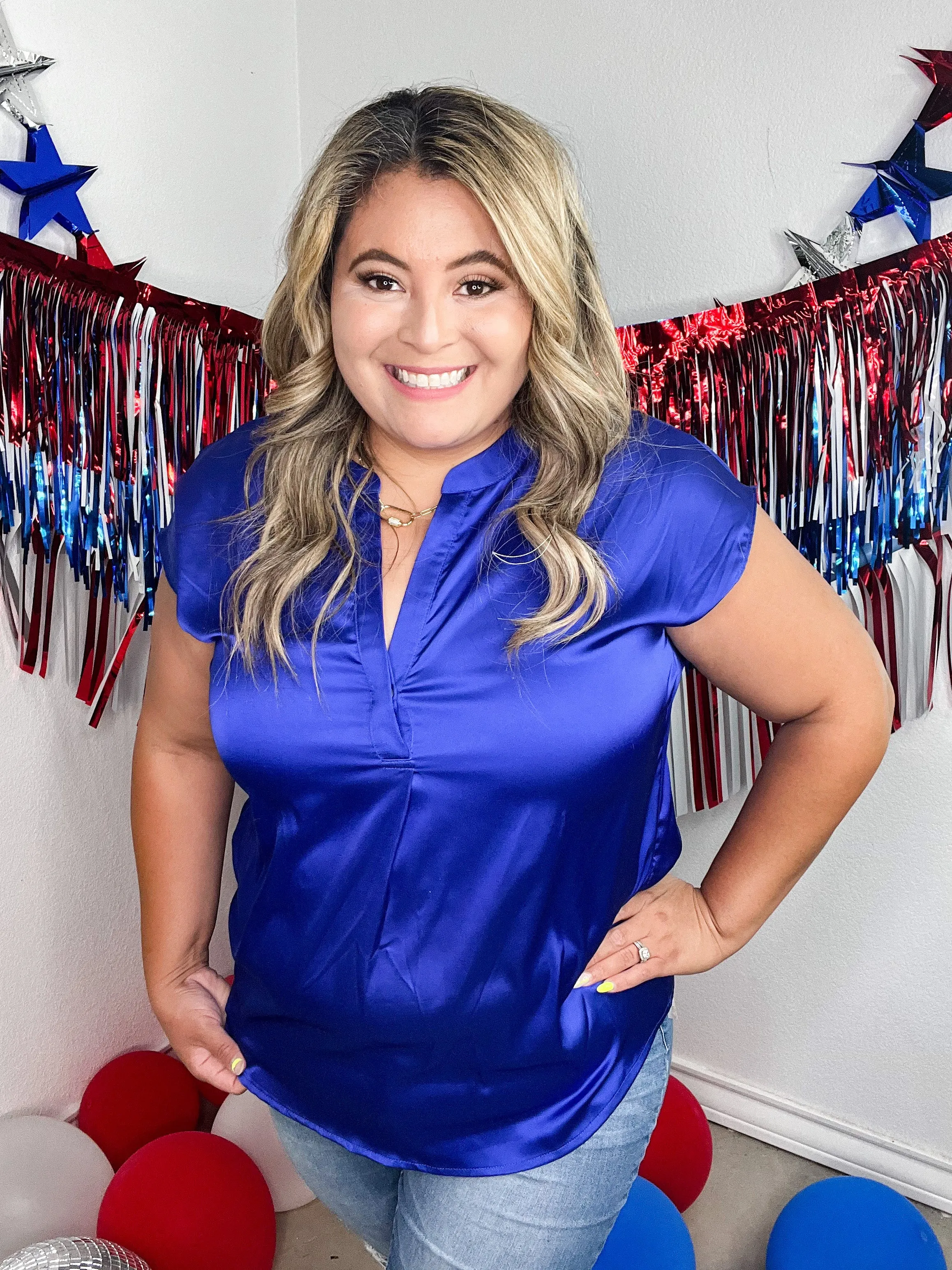 Vianca Short Sleeve Satin Top- Royal Blue