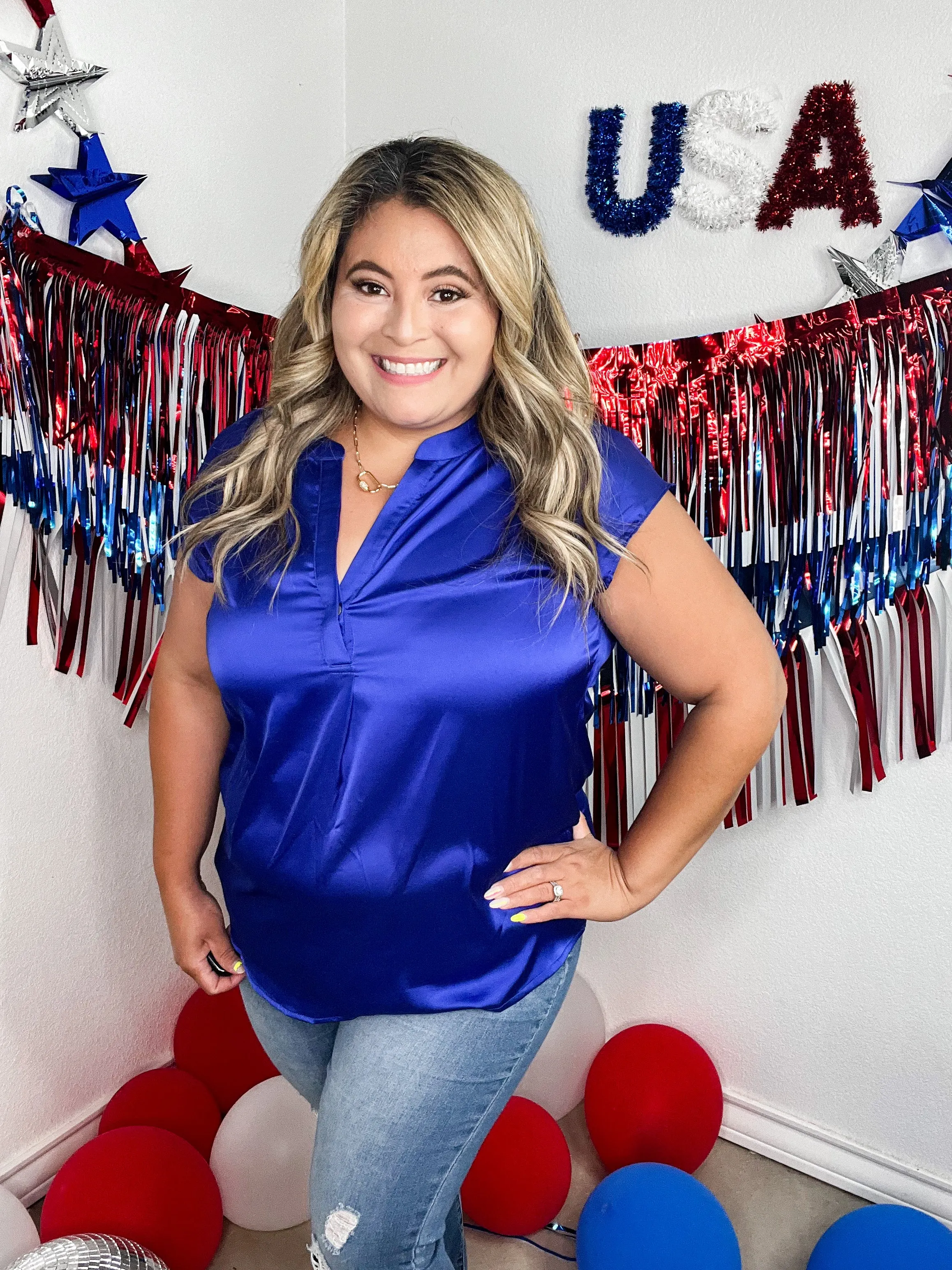 Vianca Short Sleeve Satin Top- Royal Blue