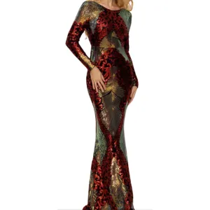 Women's Backless Elegant Sequin Long Sleeve Maxi Gown Party Dress Size XL US 14