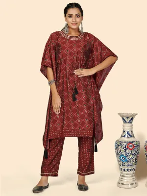Women'S Foil Print  Muslin Maroon Stitched Kaftan Kurta With Pant Set