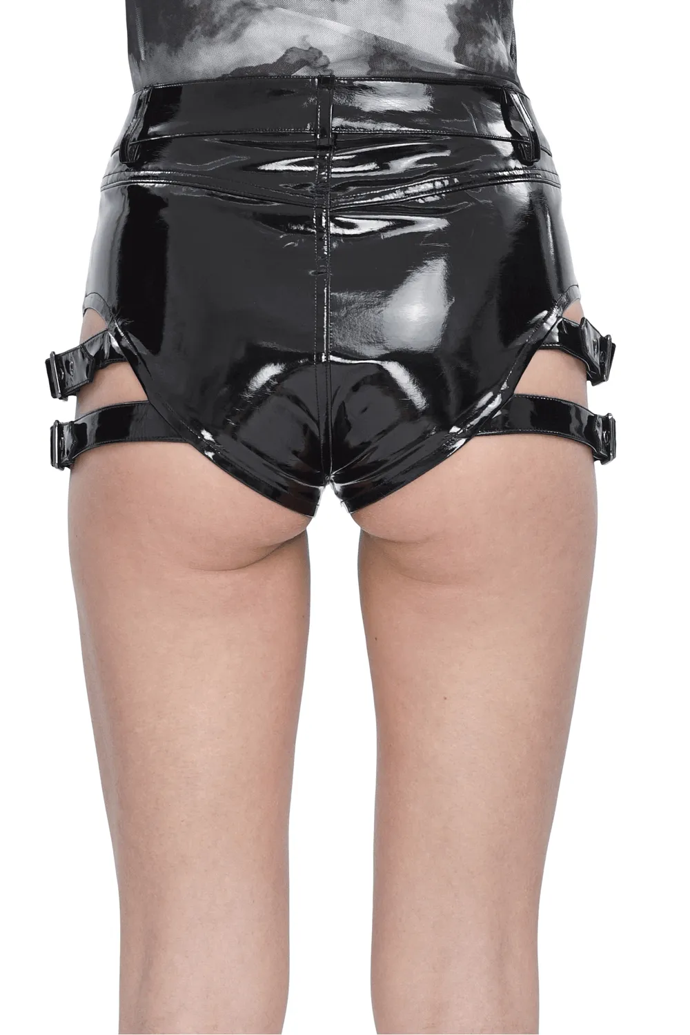 Women's High-Waisted Faux Leather Shorts with Buckles