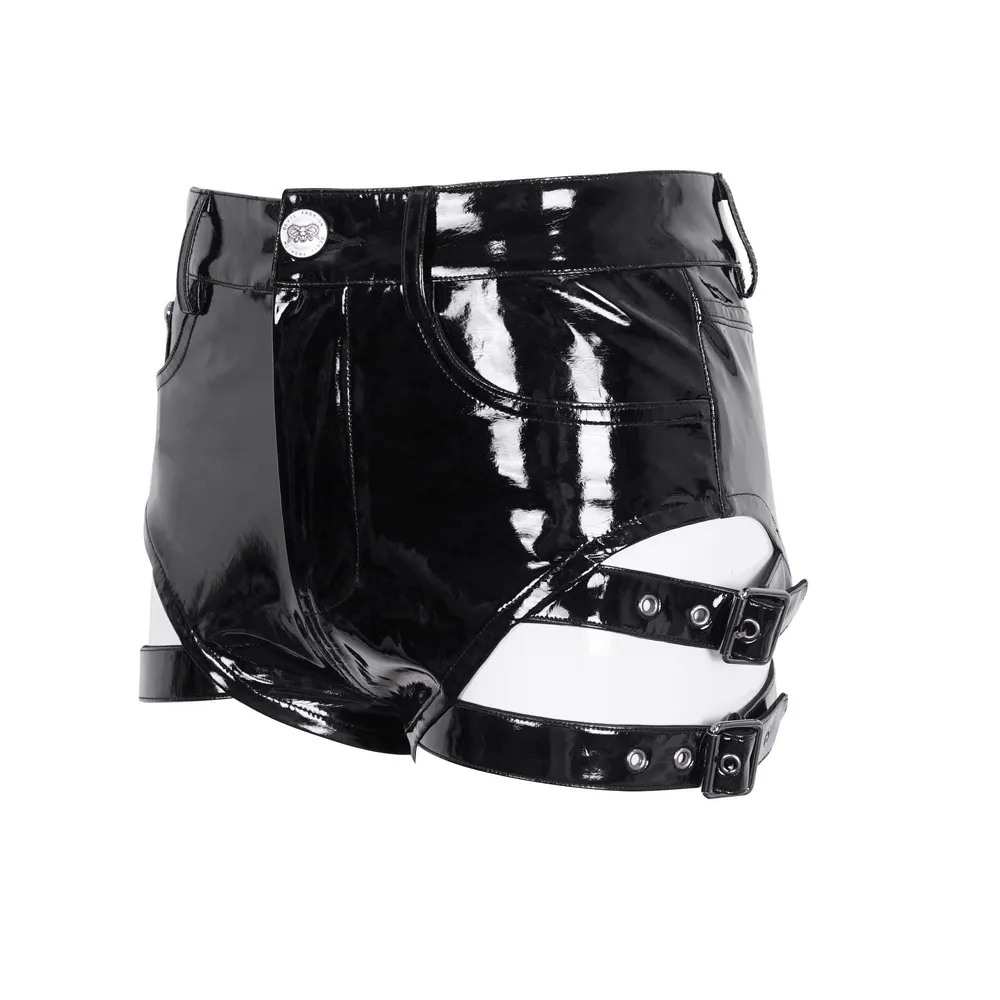 Women's High-Waisted Faux Leather Shorts with Buckles