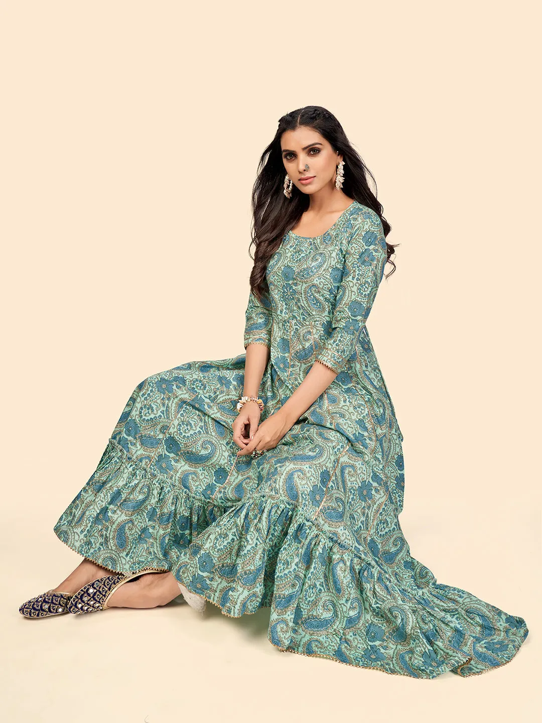 Women'S Print & Sequience Anarkali Cotton Turquoise Stitched Kurta